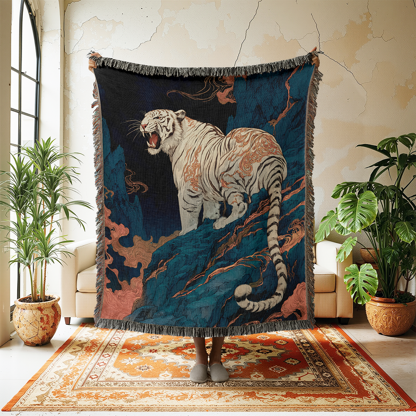 White Tiger Woven Blanket, Japanese Style Tapestry, Chinese Style Art Throw, Oriental Asian Wall Hanging, Tiger Lover Decor