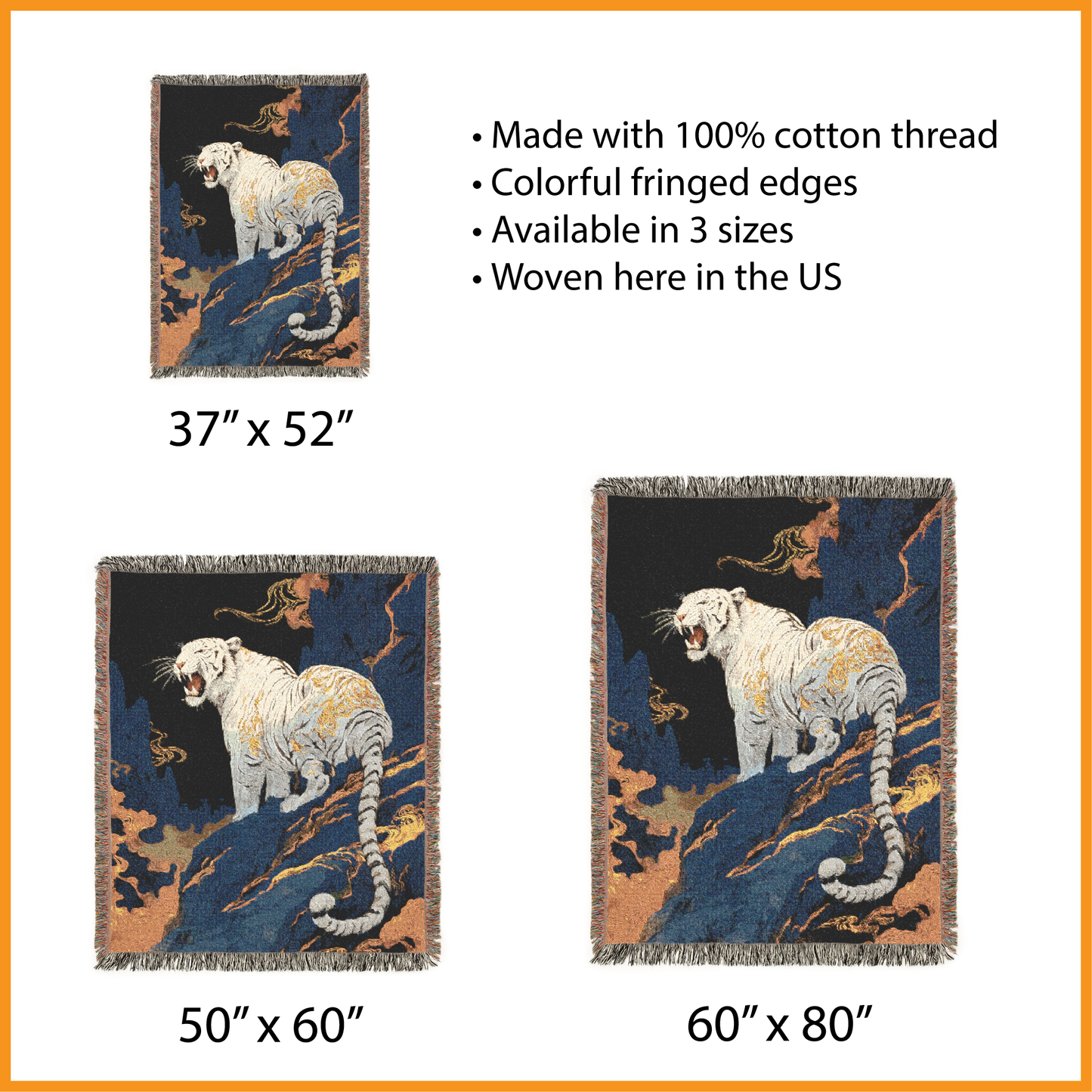 White Tiger Woven Blanket, Japanese Style Tapestry, Chinese Style Art Throw, Oriental Asian Wall Hanging, Tiger Lover Decor