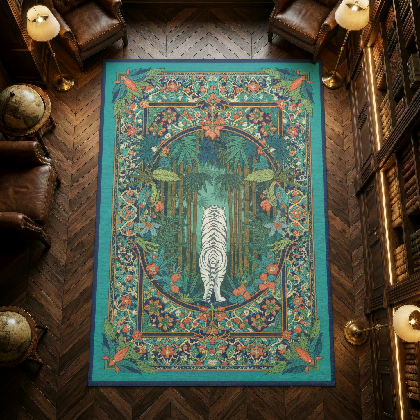 White Tiger Jungle Area Rug, Teal Tropical Bamboo Floor Mat, Art Nouveau Botanical Decor, Maximalist Animal Carpet, Boho Statement Piece