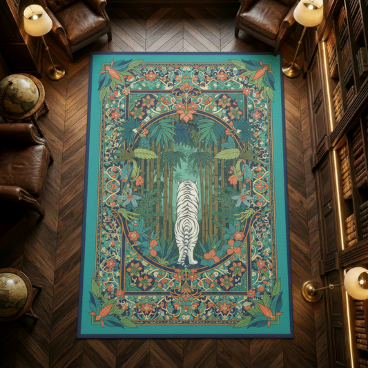 White Tiger Jungle Area Rug, Teal Tropical Bamboo Floor Mat, Art Nouveau Botanical Decor, Maximalist Animal Carpet, Boho Statement Piece