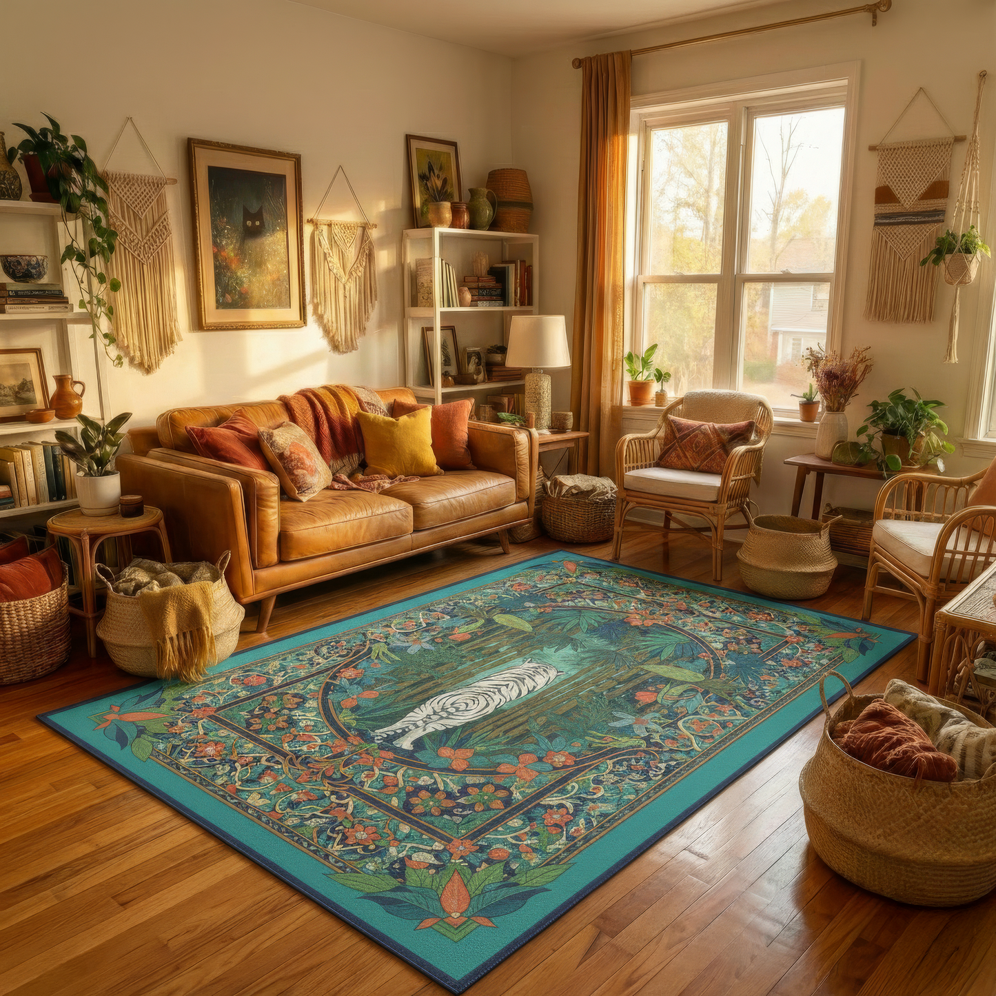 White Tiger Jungle Area Rug, Teal Tropical Bamboo Floor Mat, Art Nouveau Botanical Decor, Maximalist Animal Carpet, Boho Statement Piece