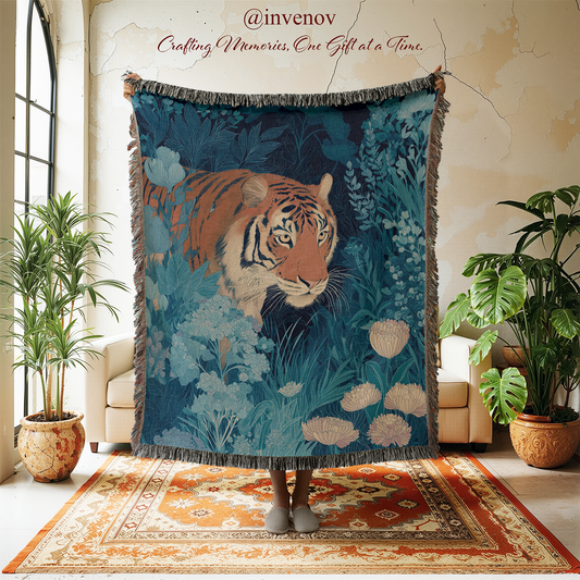 Tapestry with a tiger design hanging in a room with plants and furniture.