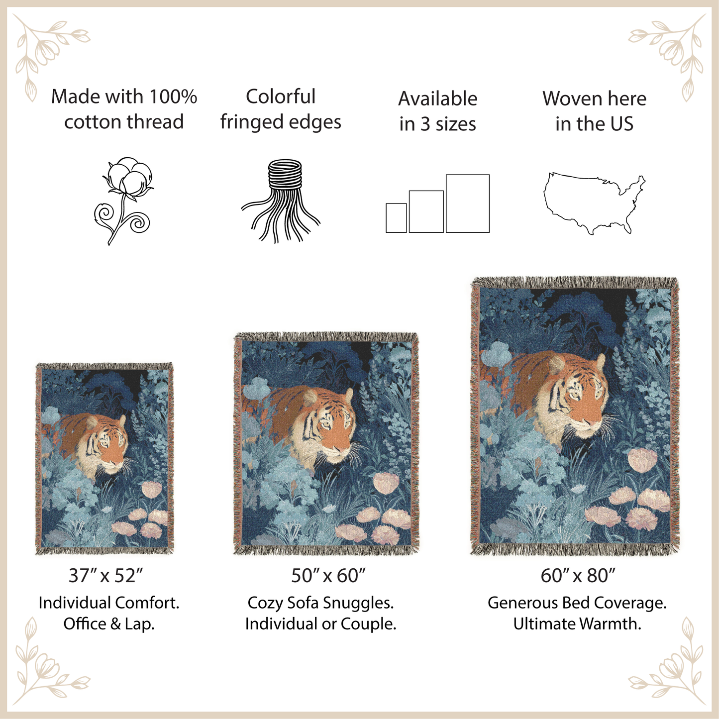 Tiger-themed woven blankets with size options and features listed.