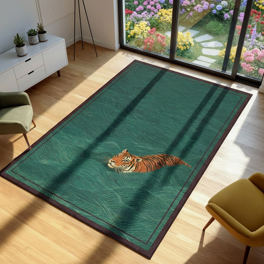 Green rug with a tiger design in a room with a garden view