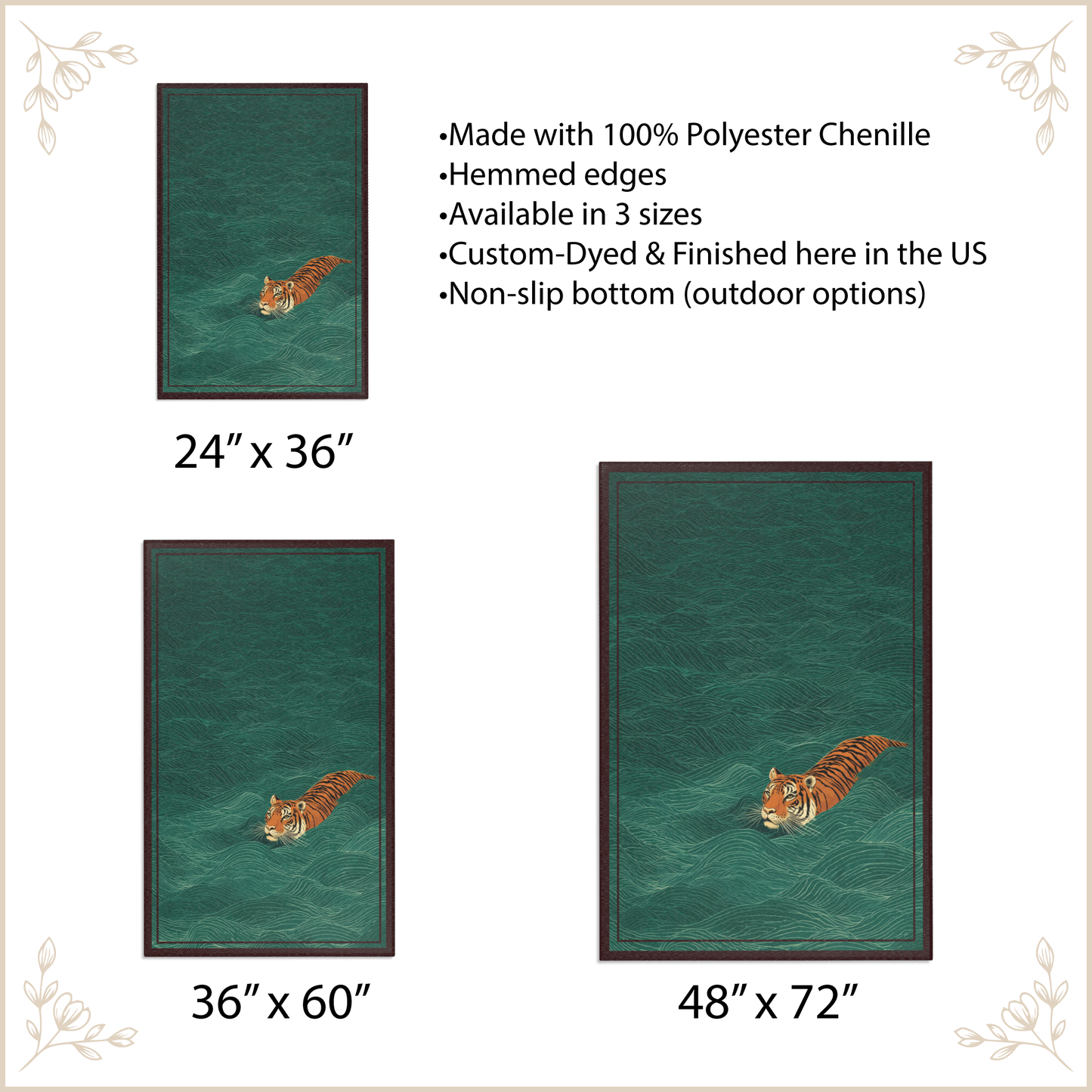 Teal rug with tiger design, shown in various sizes with product details.