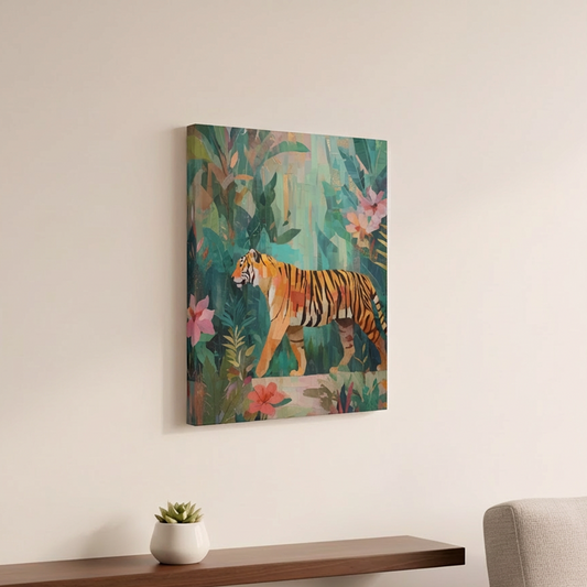 Canvas print of a tiger in a jungle scene on a wall above a wooden shelf with a plant.