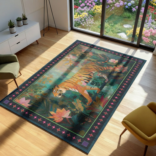 Decorative rug with a tiger design on a wooden floor in a room with a garden view.