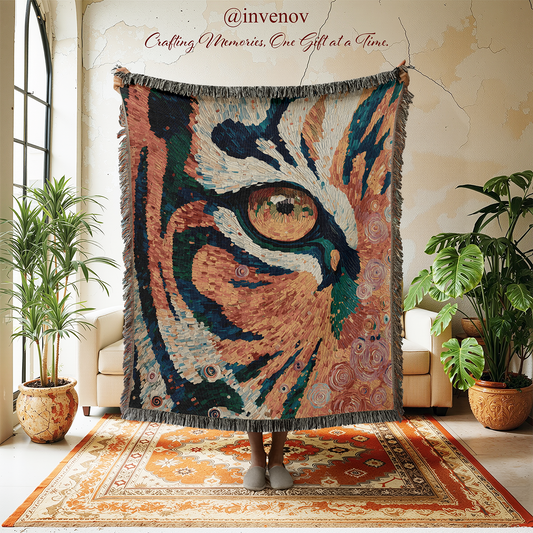 Decorative tapestry with a tiger design in a room with plants and furniture.