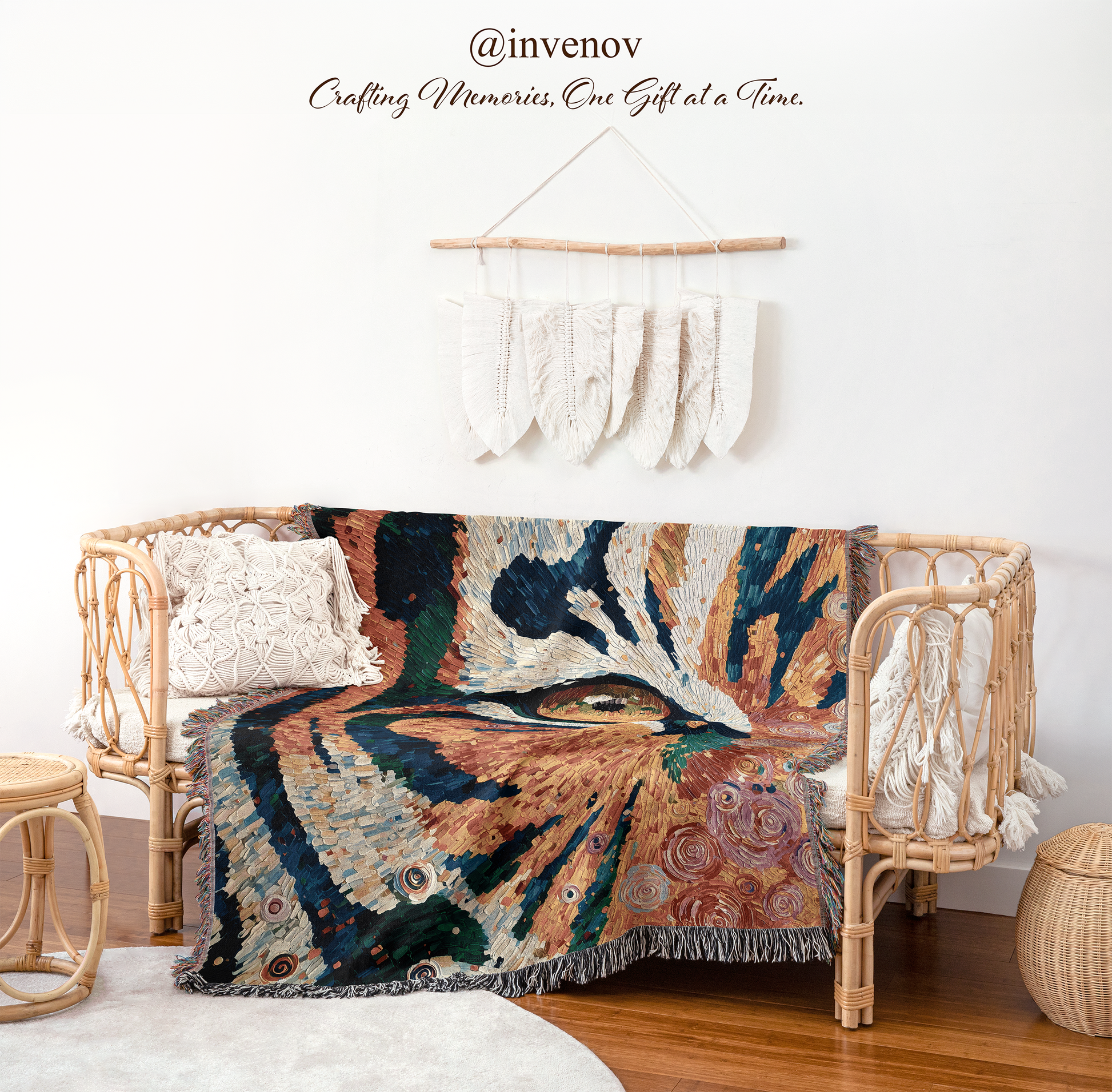 Decorative blanket with abstract design on a wicker chair