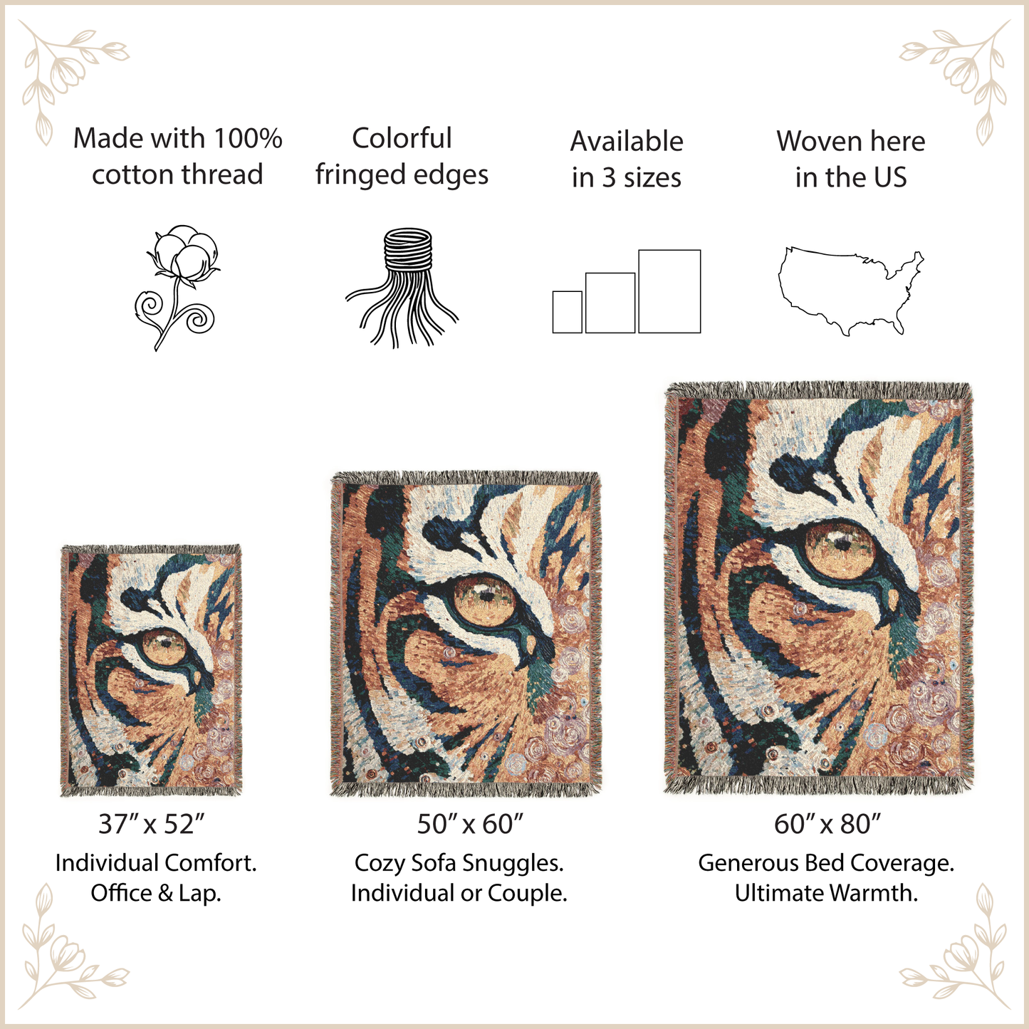 Tiger-themed woven blankets with size specifications and features on a beige background