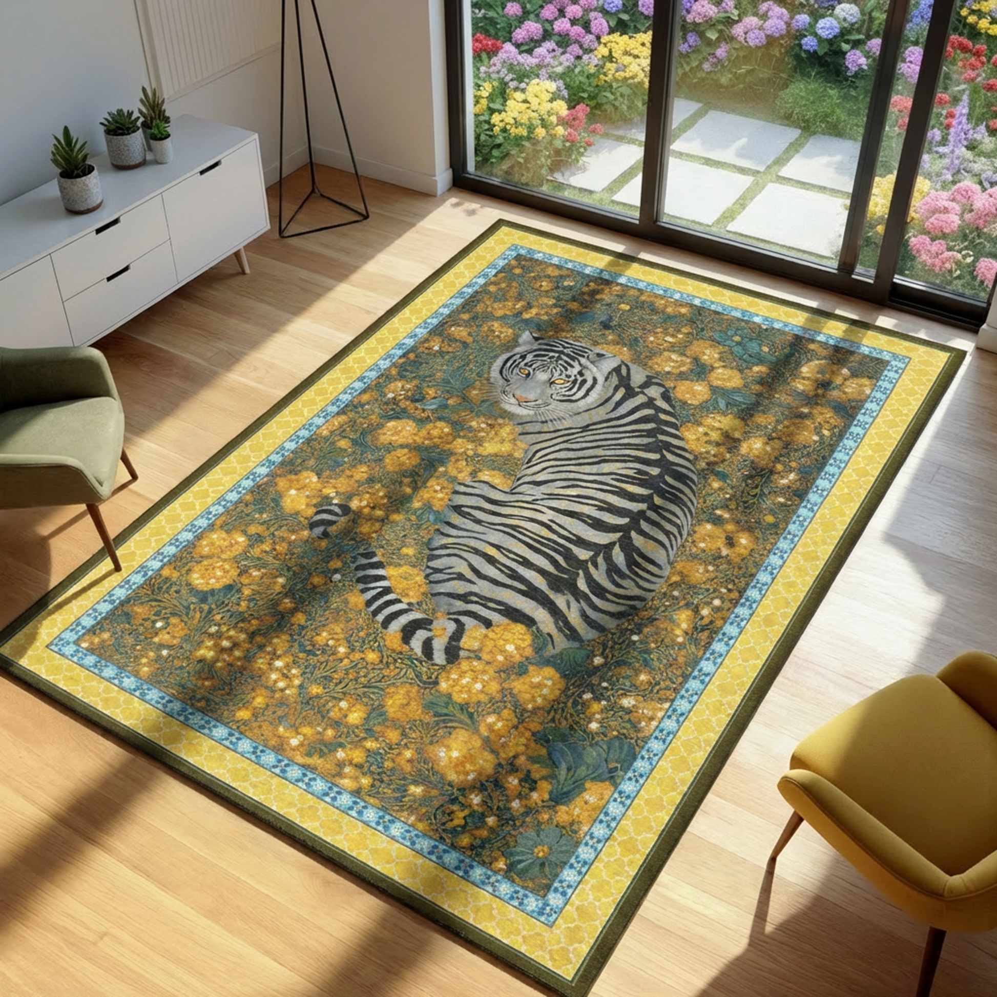 Decorative rug with a tiger design on a wooden floor in a room with a garden view.