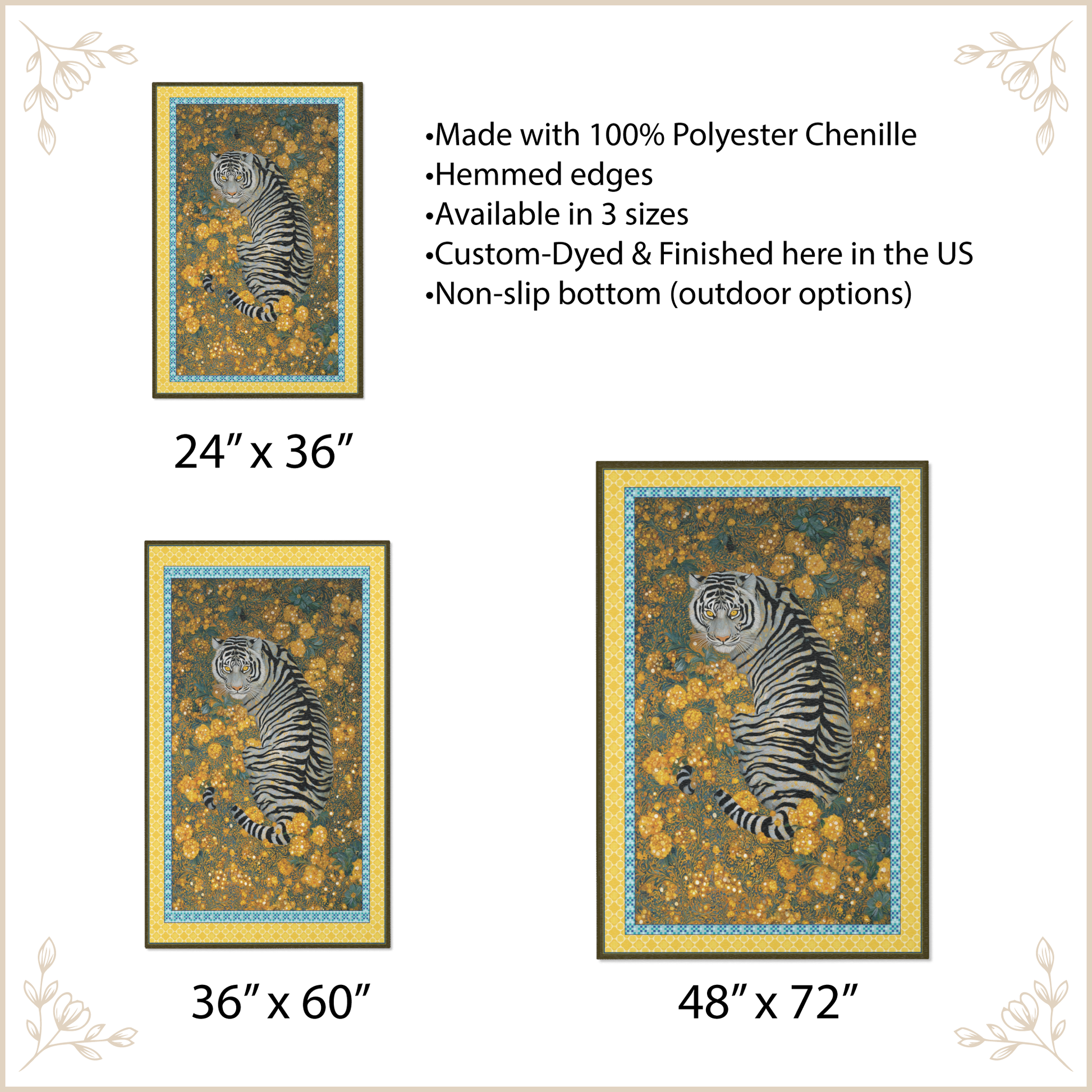 Tiger-themed tapestry with floral patterns, displayed with size options and product details.