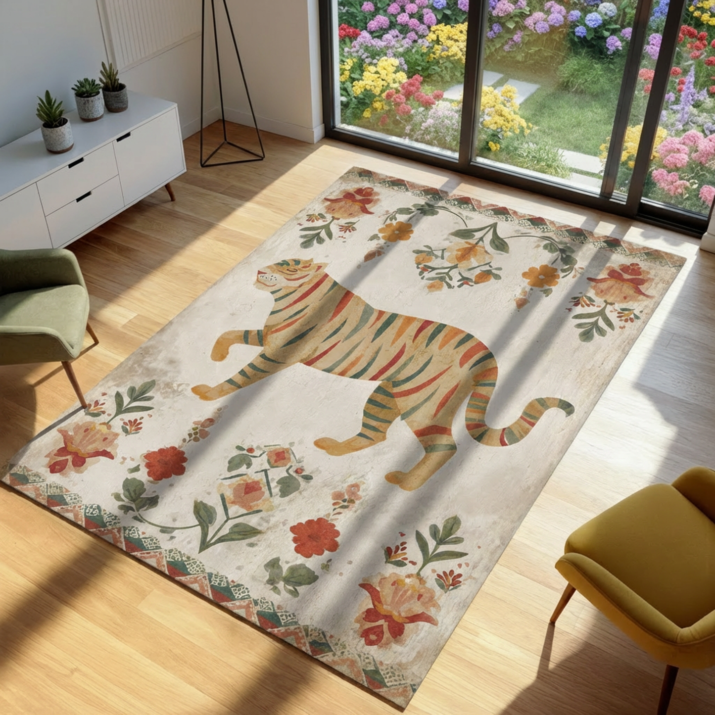 Decorative rug with a tiger design in a room with a garden view