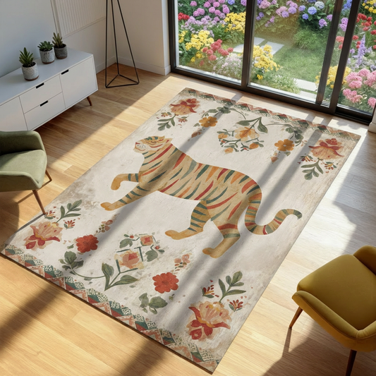 Decorative rug with a tiger design in a room with a garden view