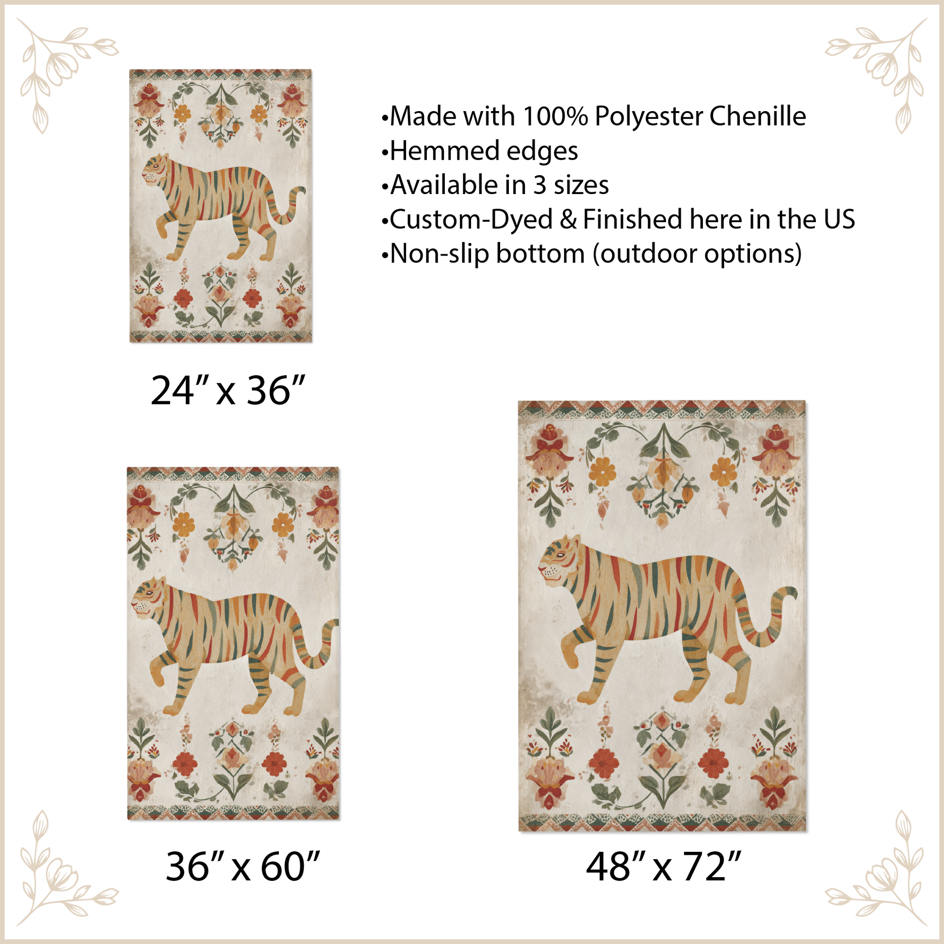 Rug with tiger design and product details on a beige background
