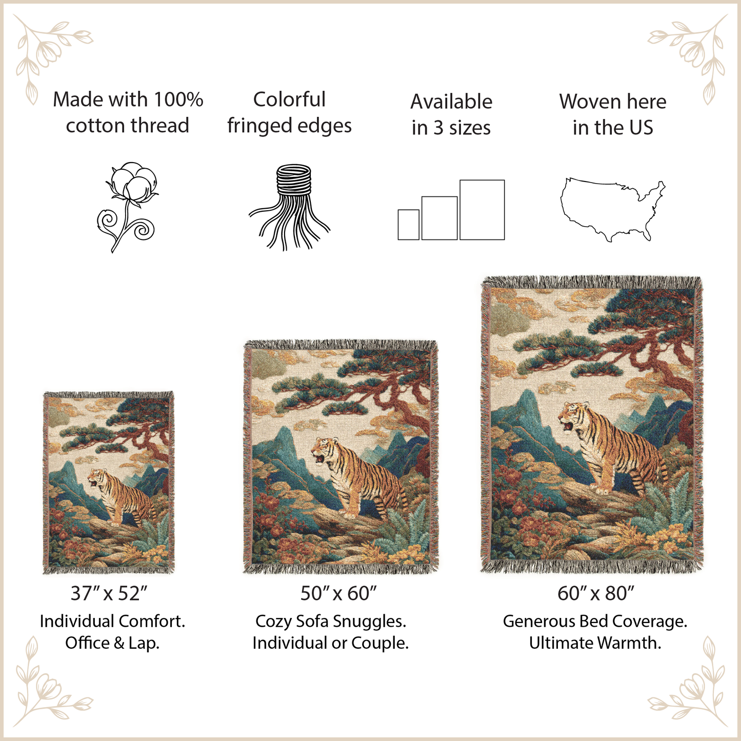 Woven Blanket with tiger designs with size options and features