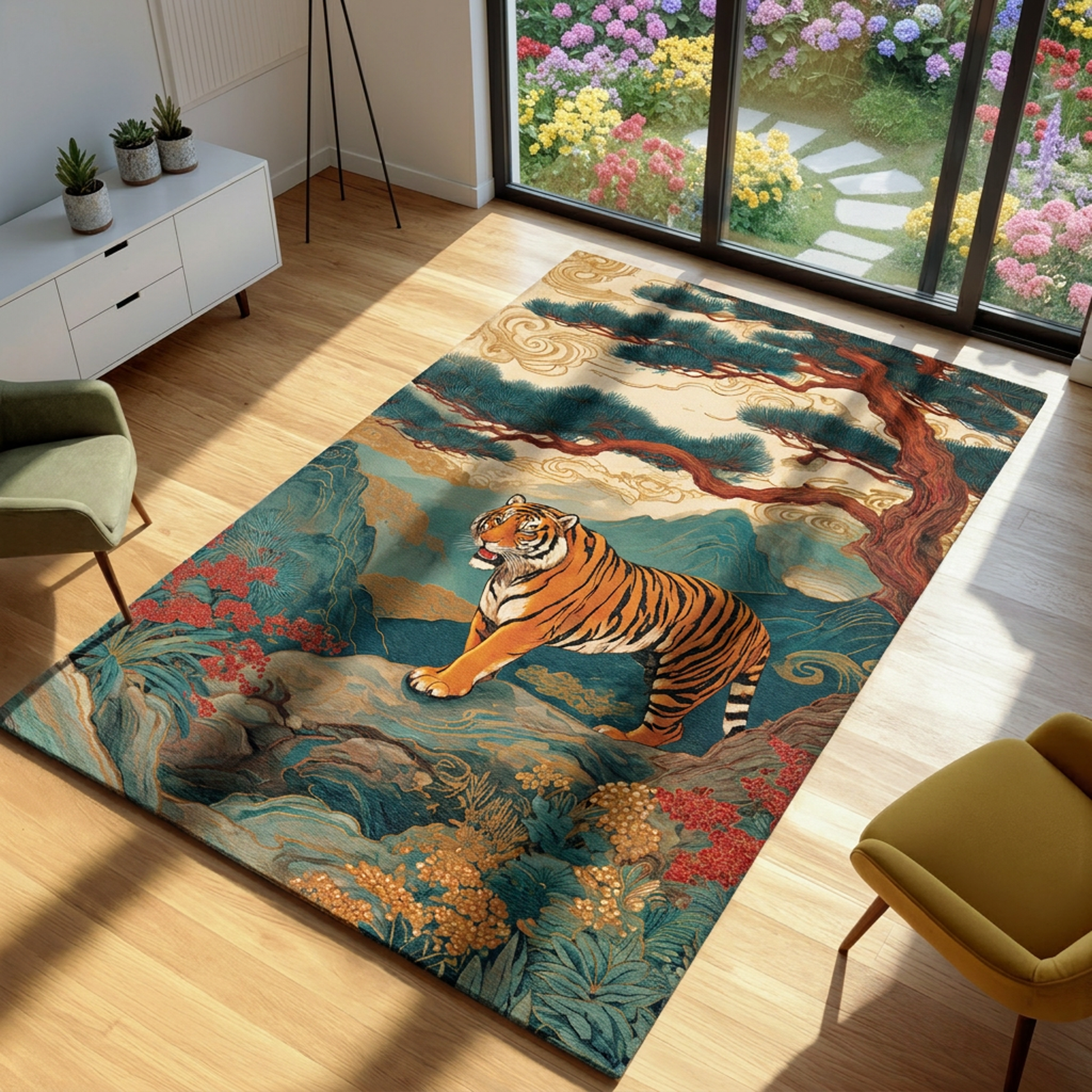 Area rug with asian tiger designs