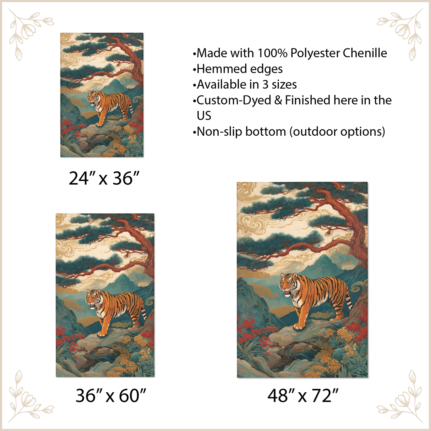 Area rug with asian tiger designs with size options and features