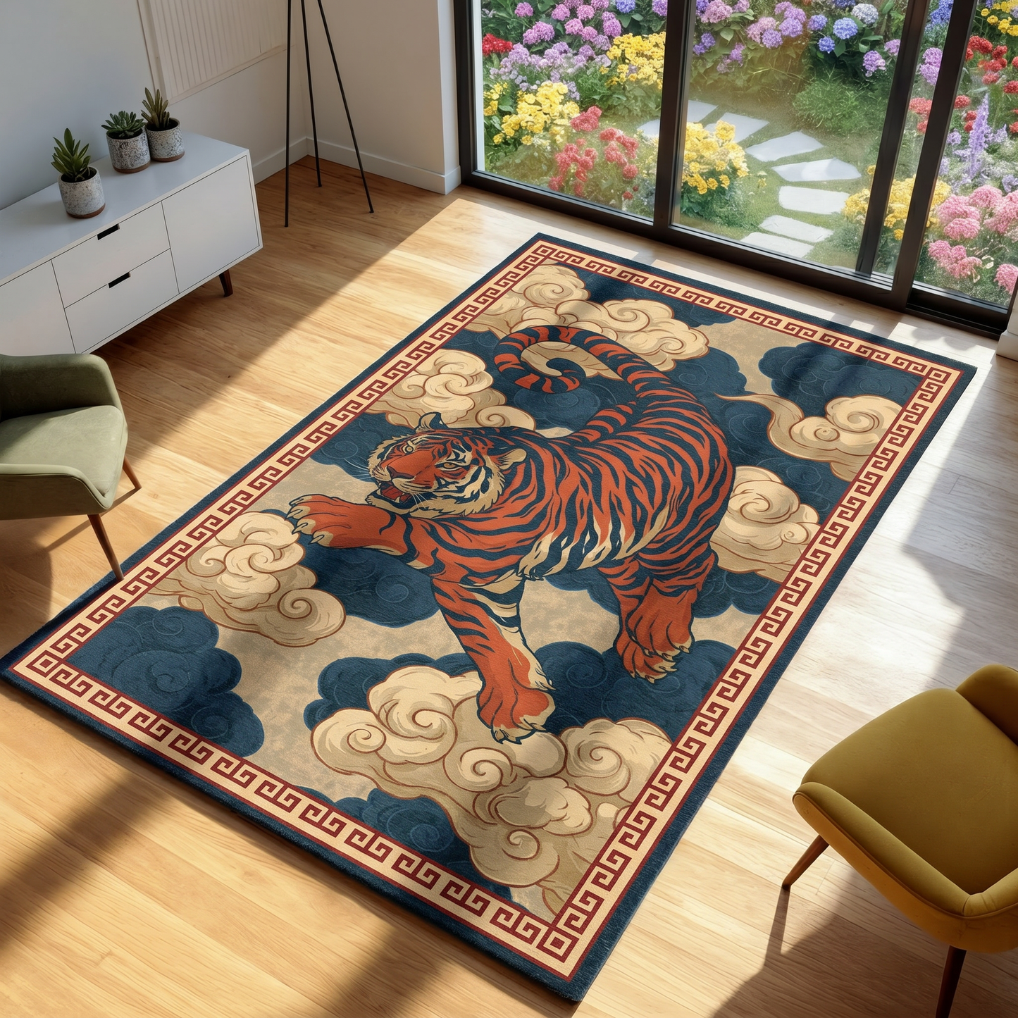 Decorative rug with a tiger design on a wooden floor in a room with a garden view.