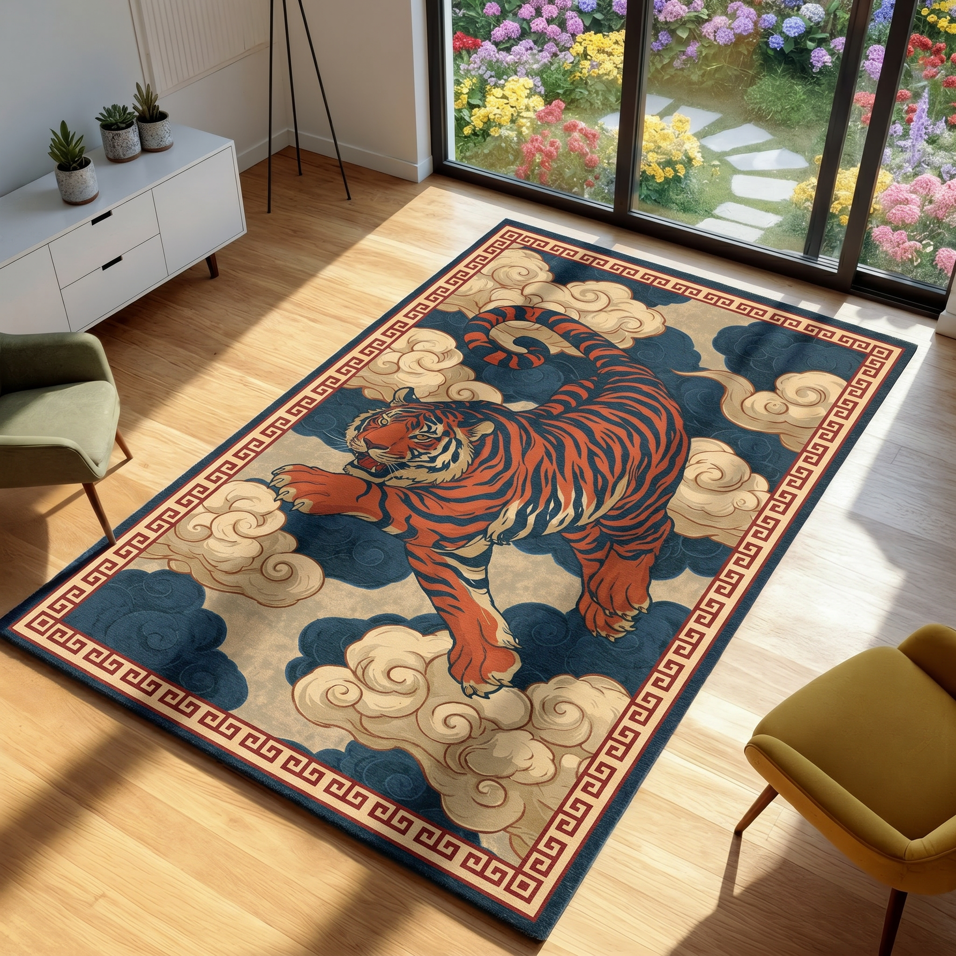 Decorative rug with a tiger design on a wooden floor in a room with a garden view.