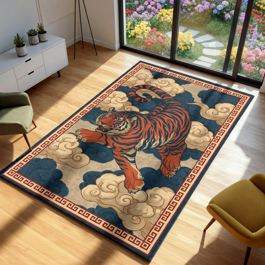 Decorative rug with a tiger design on a wooden floor in a room with a garden view.