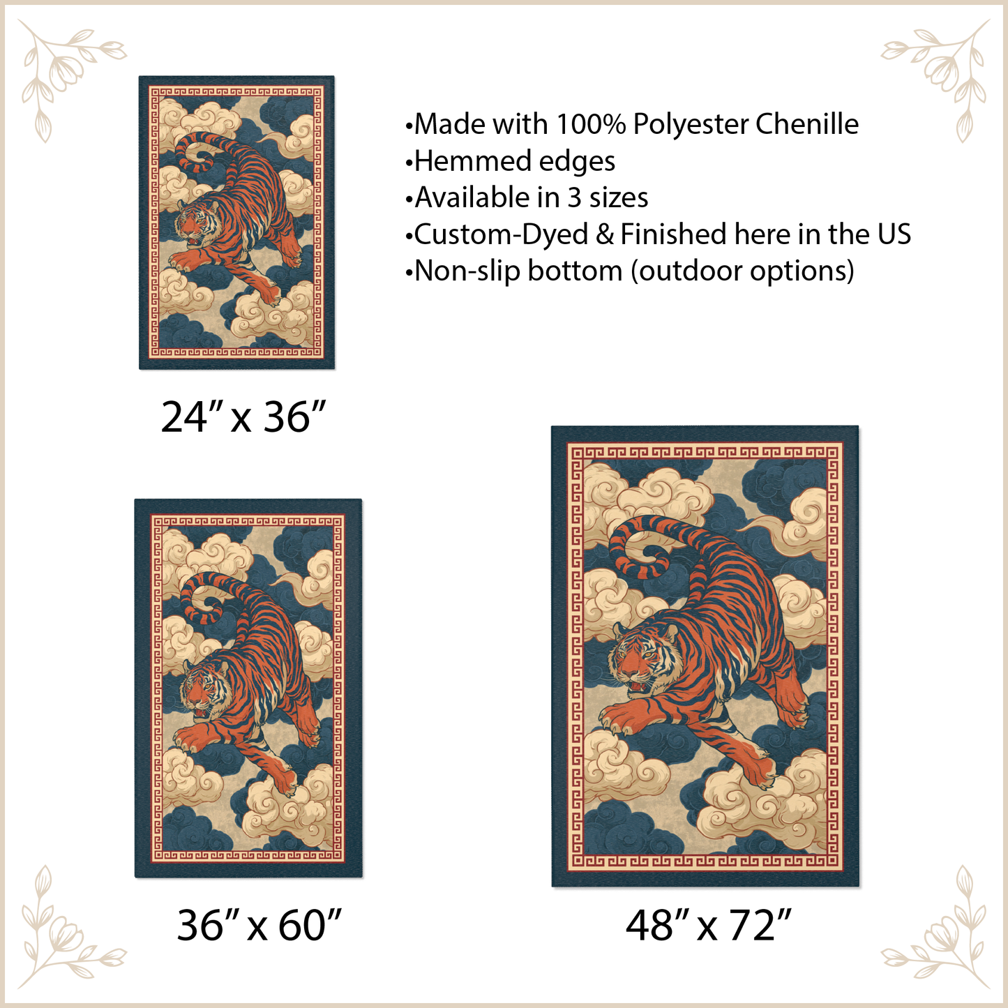 Decorative rug with tiger design and product details on a beige background