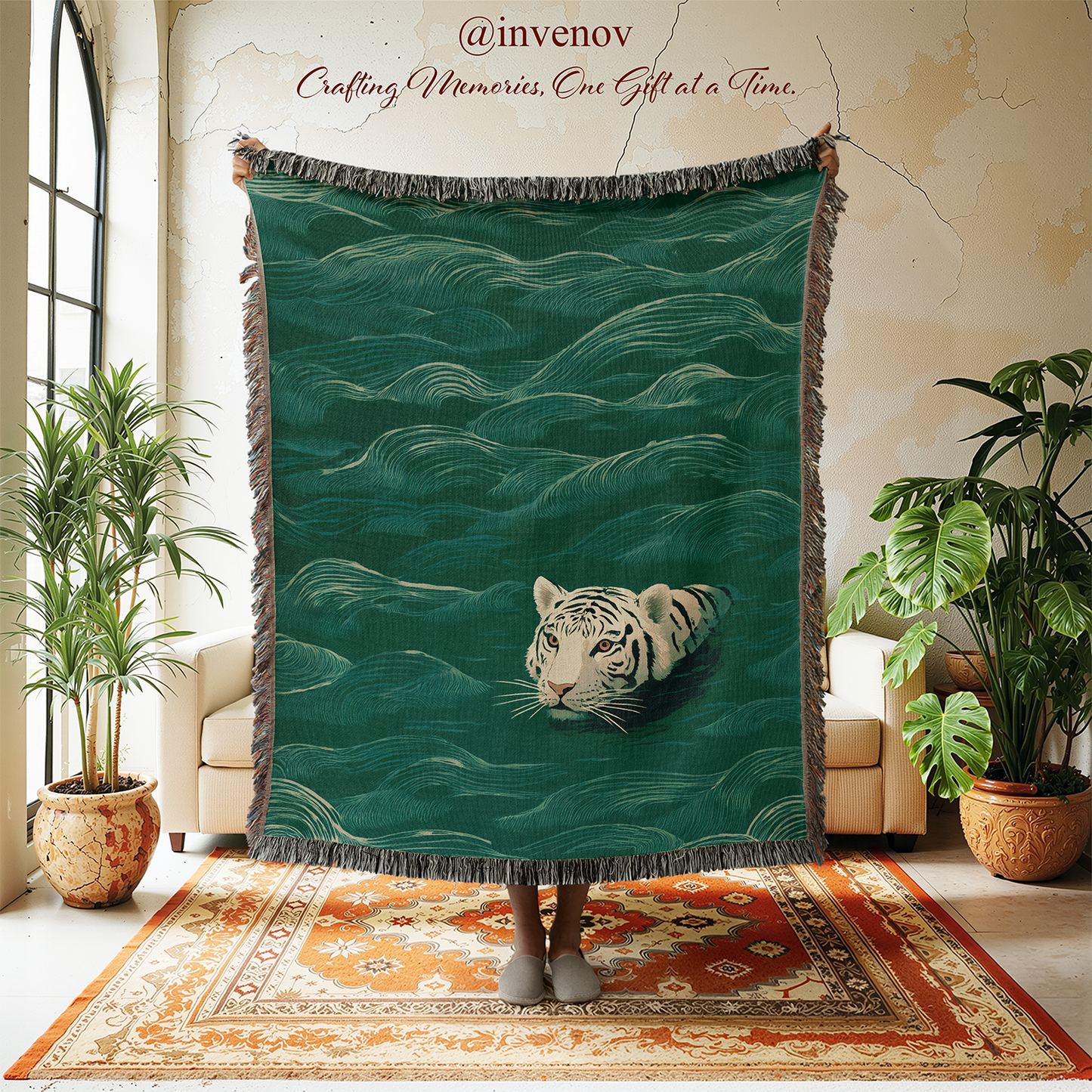 Tapestry with a tiger design in a room with plants and furniture.