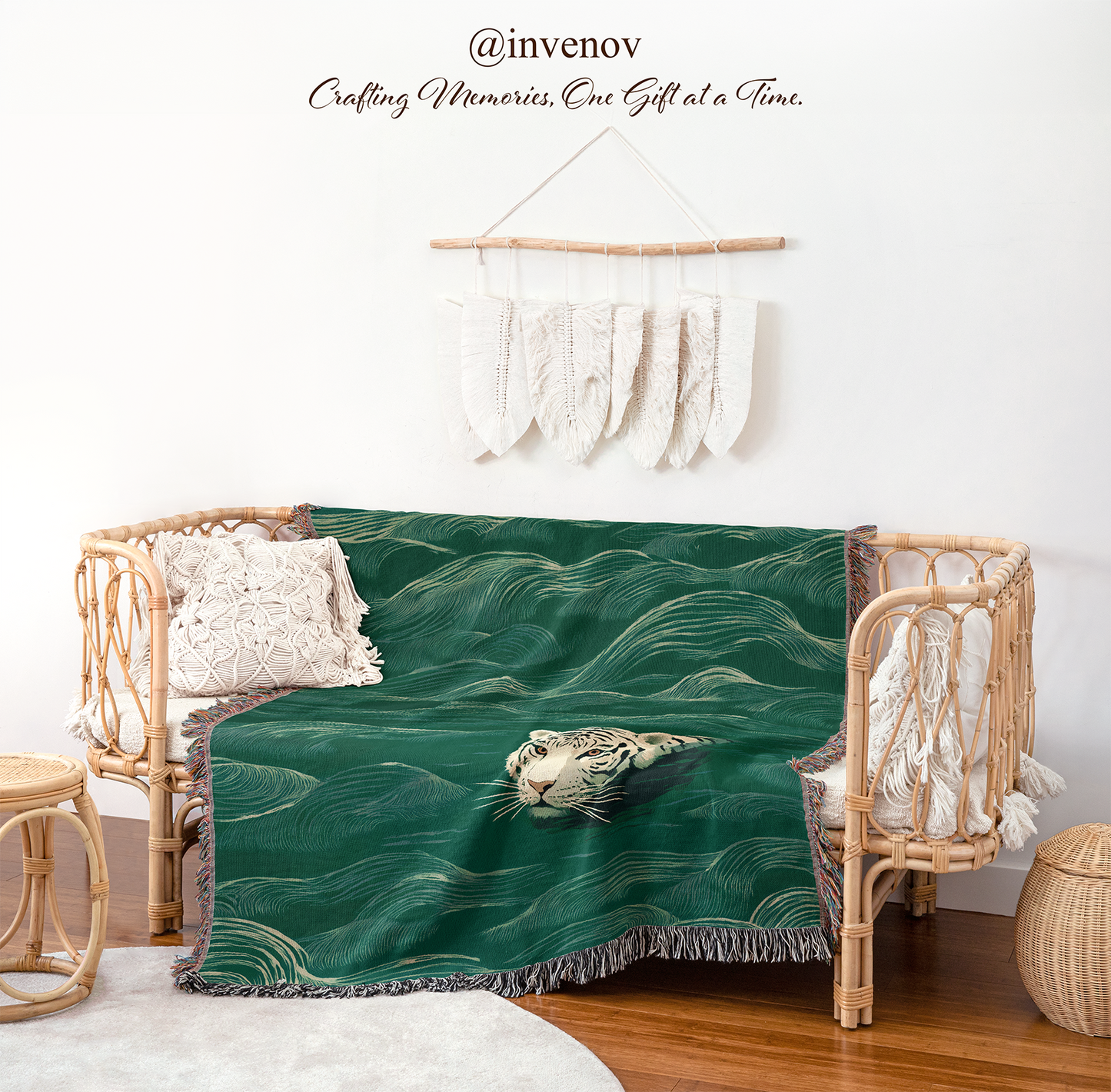 Green blanket with a leopard design draped over a wicker chair in a room setting.