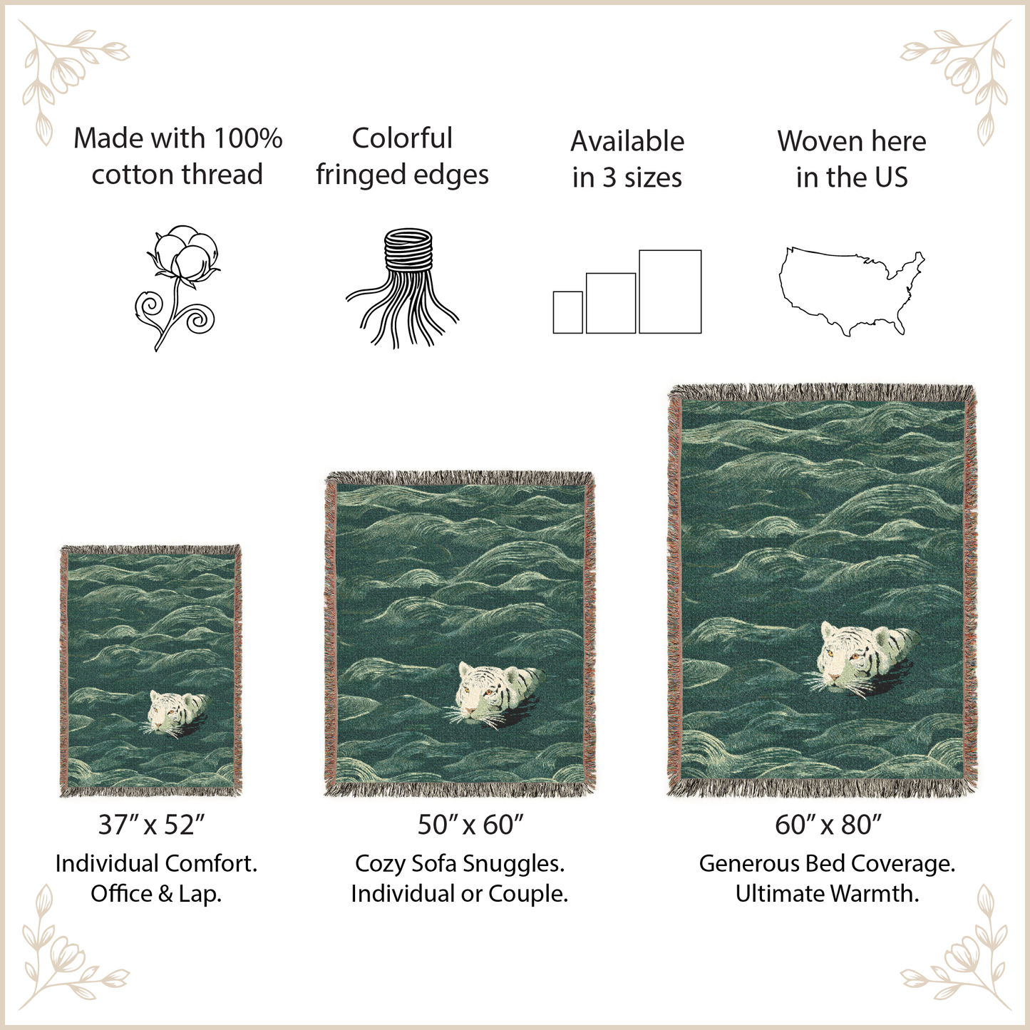 Green woven blanket with white tiger design, displayed in various sizes with product details.