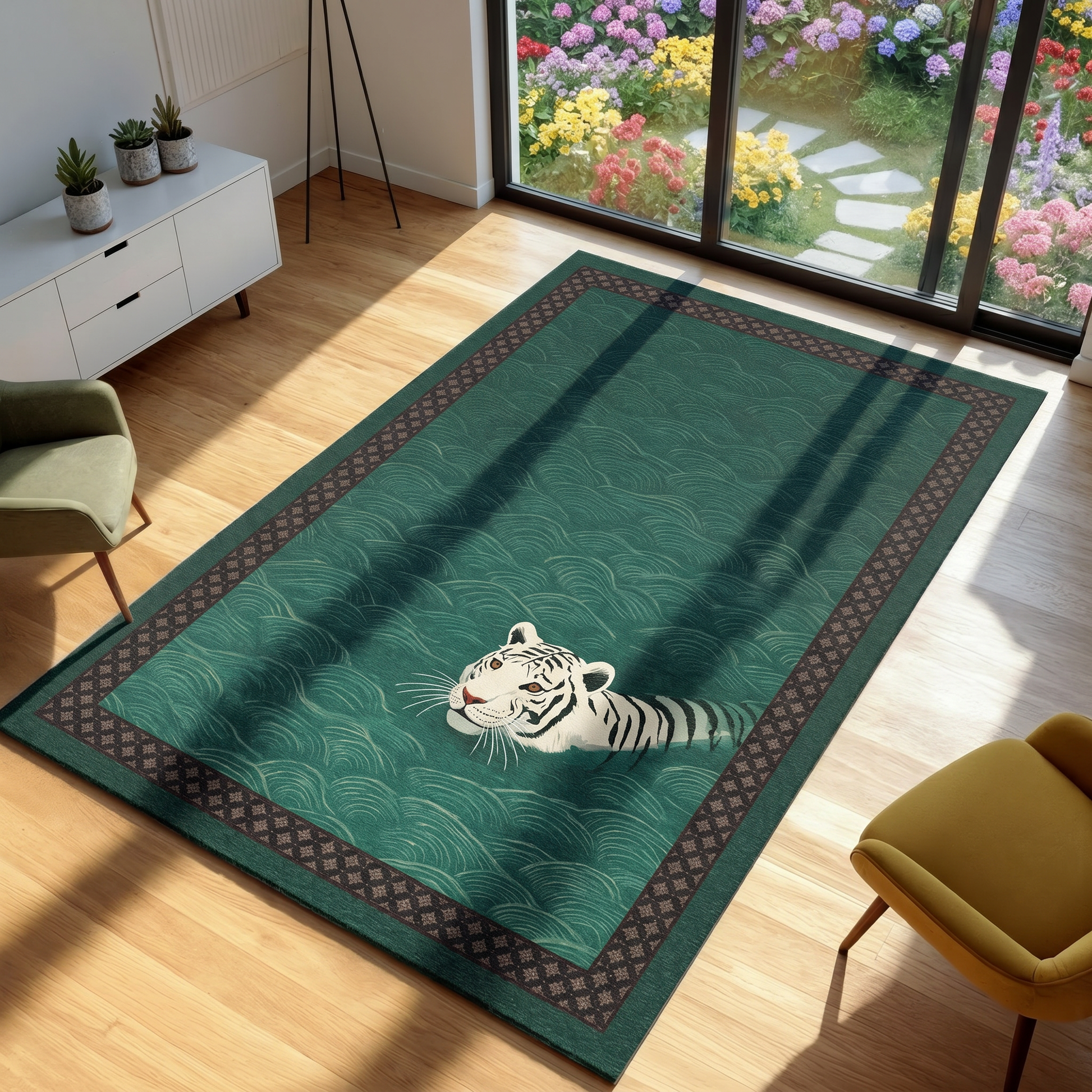 Green rug with a tiger design in a room with wooden floor and garden view