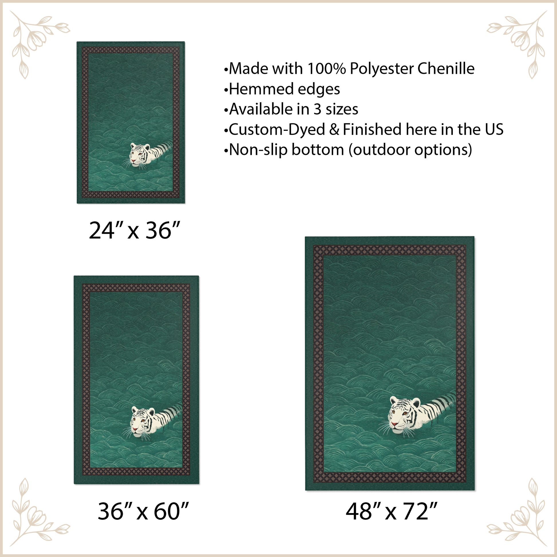 Green area rug with tiger design and product details on a white background