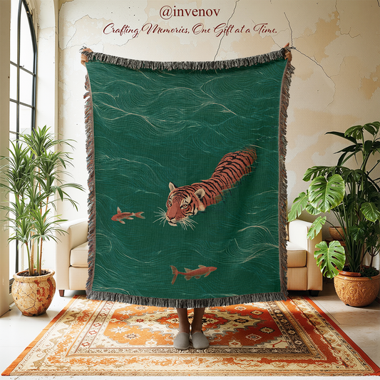Tapestry with a tiger and fish design displayed in a room with plants and furniture.
