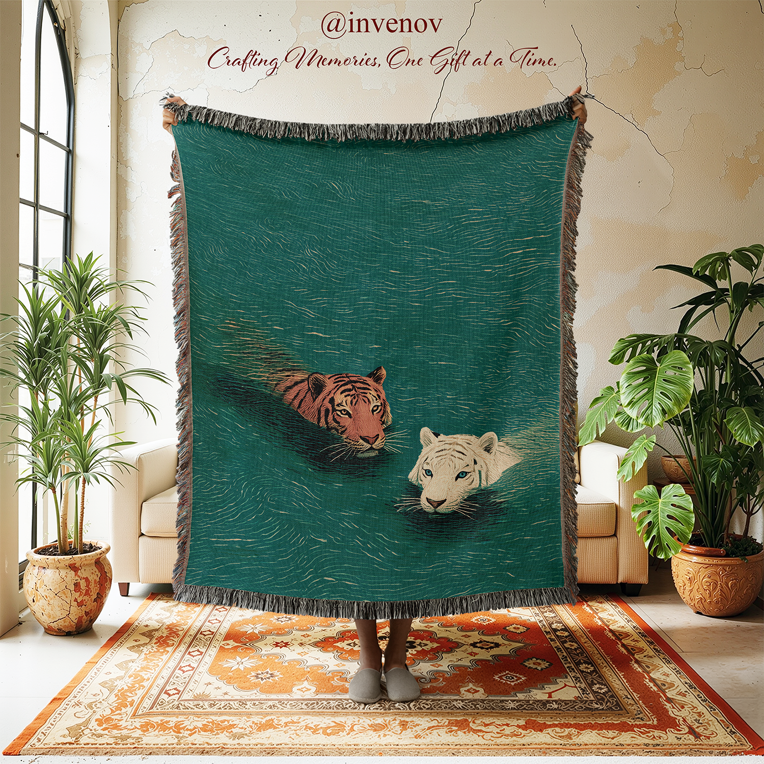 A large woven throw blanket with fringe is held up in a room setting. The blanket features a teal background with an illustration of a tiger and a white tiger swimming in water.