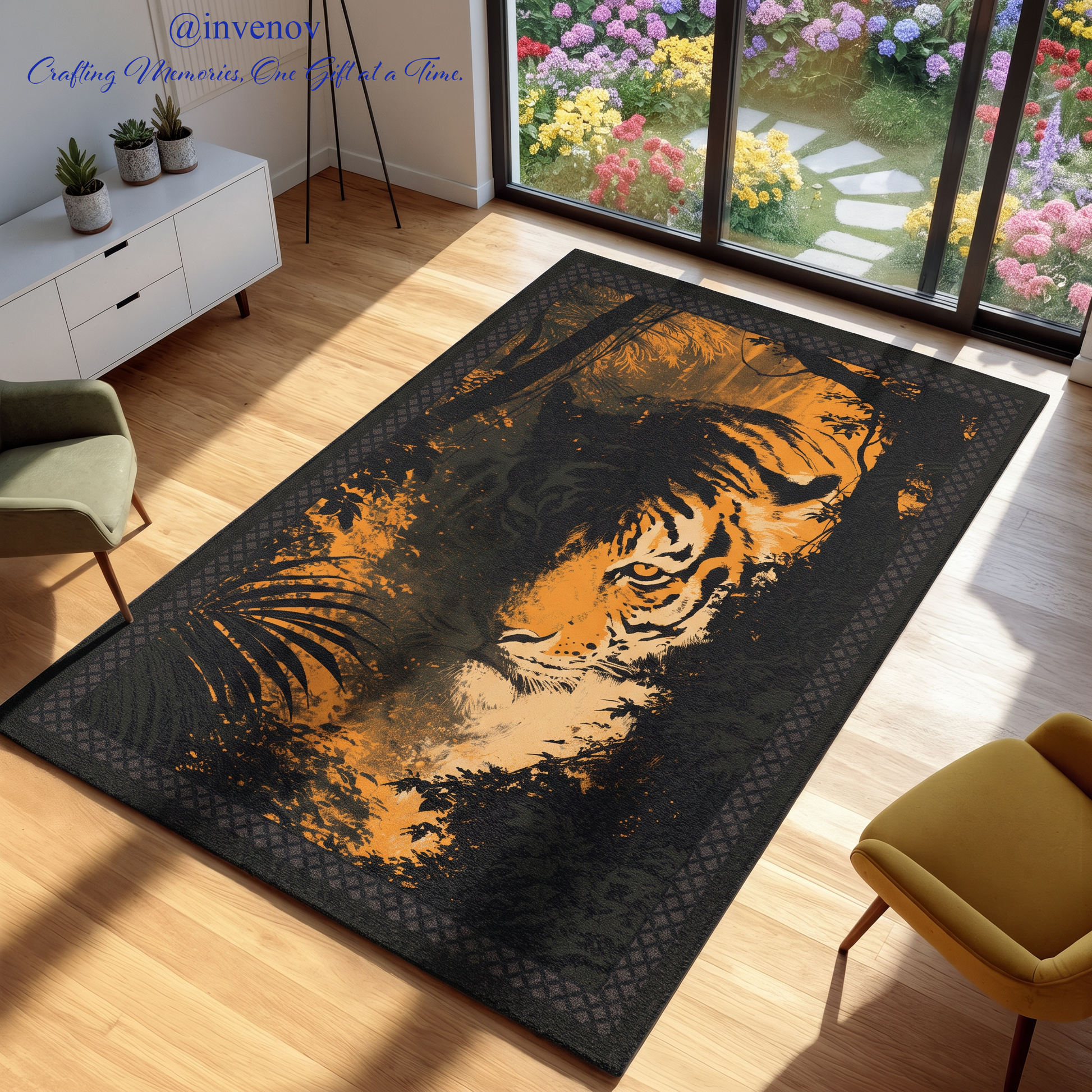 A rectangular area rug with a large tiger face design in orange, black, and white, shown on a light wood floor in a modern living room setting.