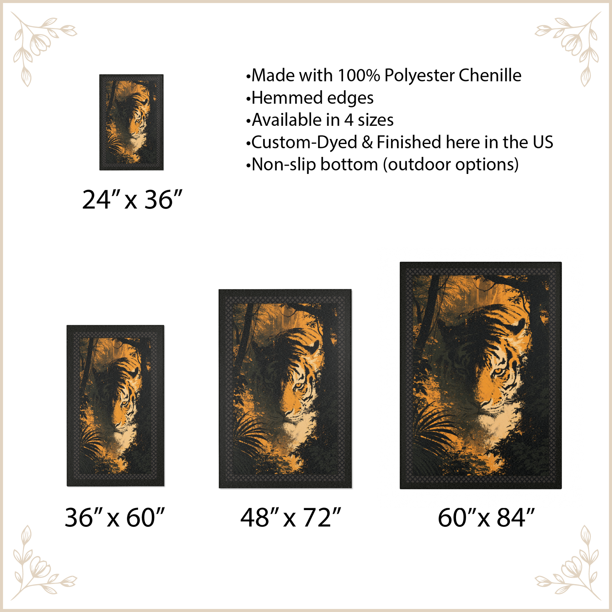 Size chart for a tiger-print framed wall art set, showing four dimensions: 24" x 36", 36" x 60", 48" x 72", and 60" x 84". The artwork features a stylized tiger face in warm orange, beige, and brown tones on a dark background.