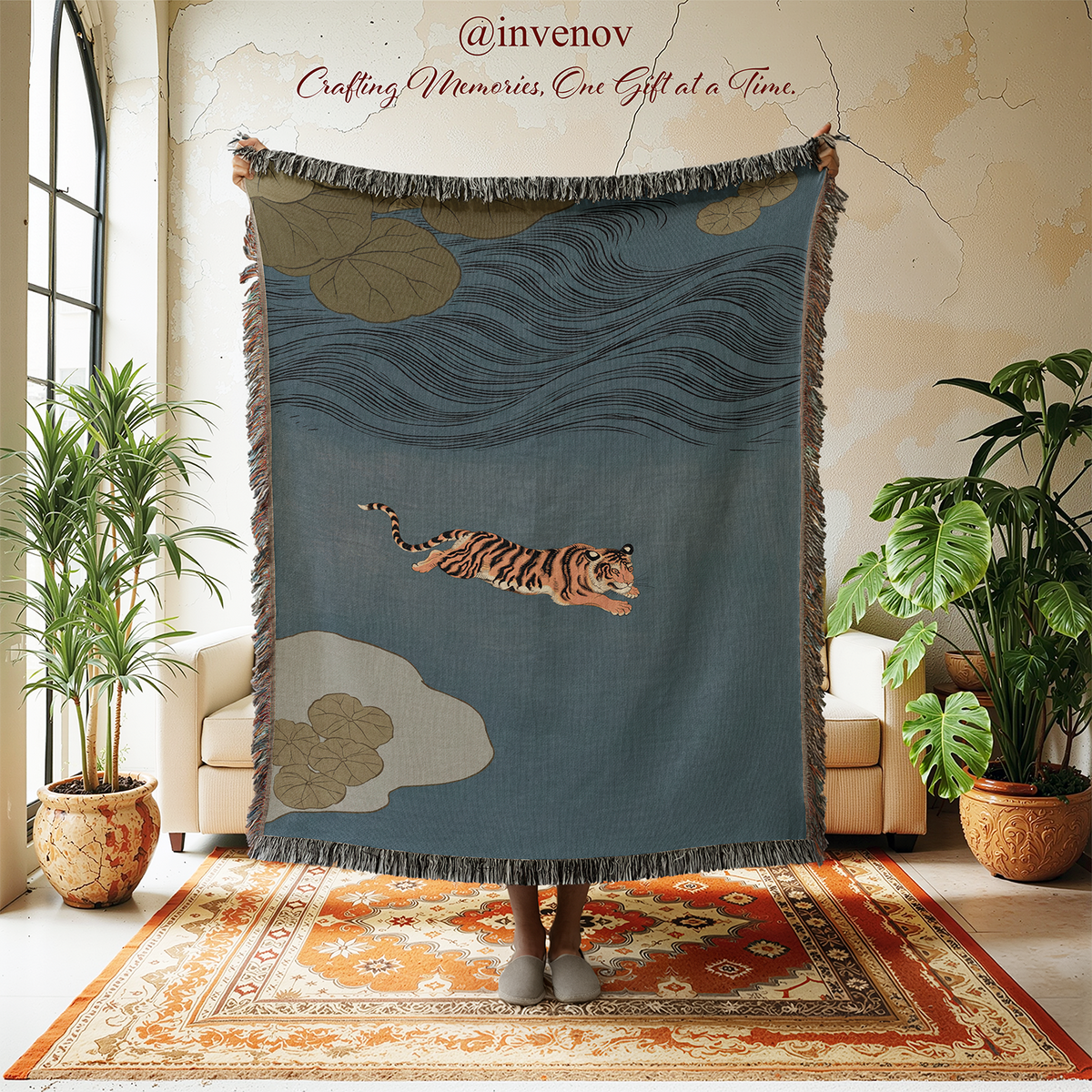 Woven blanket with tiger designs