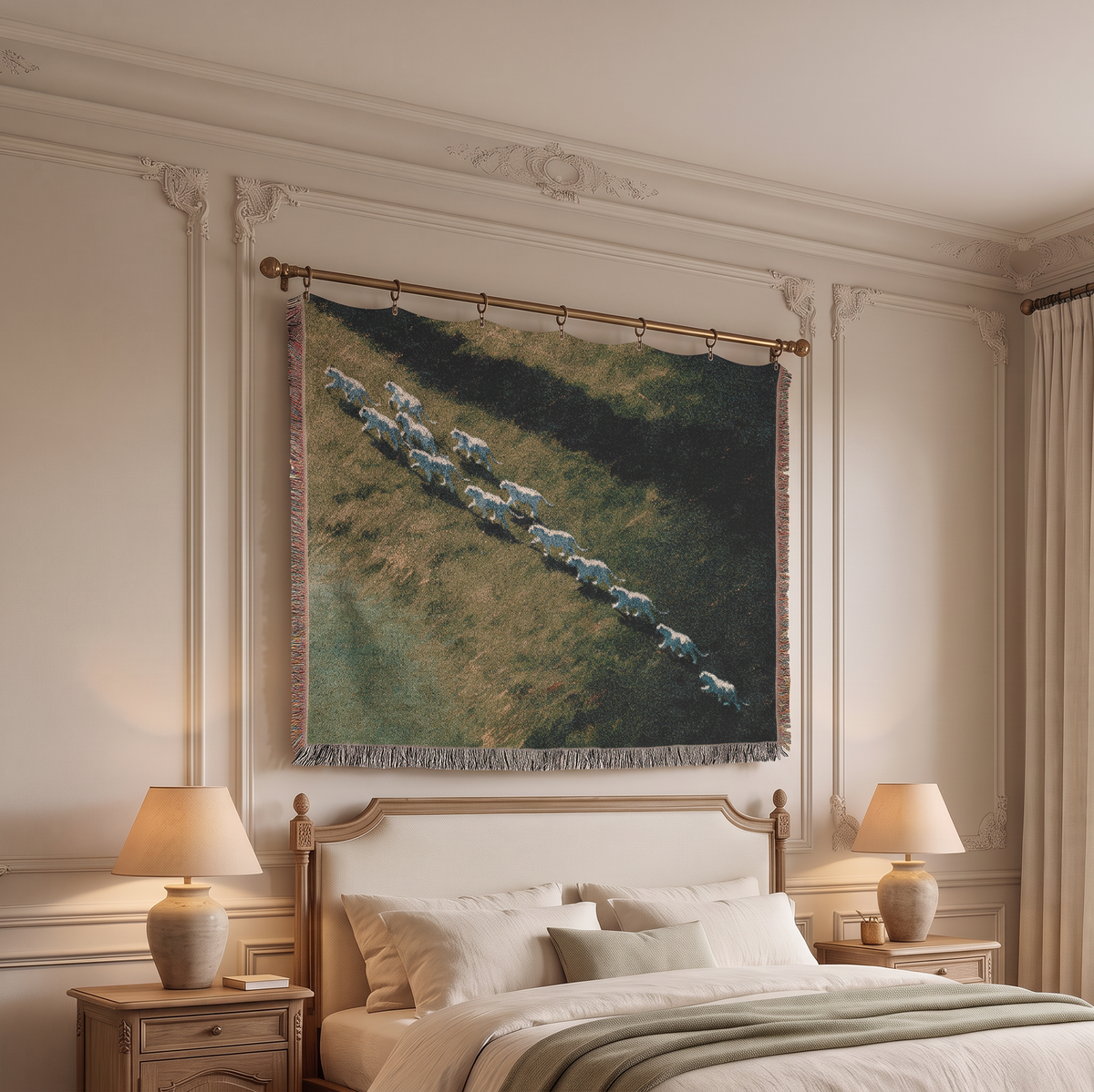 A large woven wall tapestry depicting a herd of white tiger grazing on a green hillside, hanging on a gold rod above a bed in a classic cream-colored bedroom.