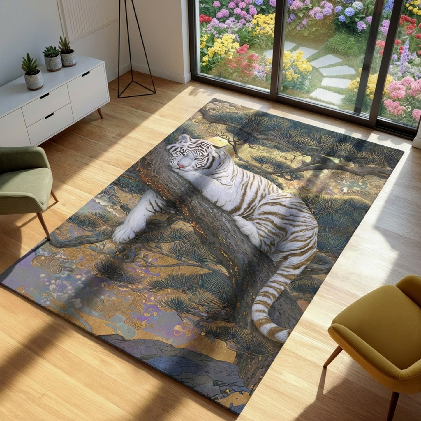 Rug with a tiger design in a room with a window view of flowers