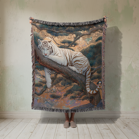 Tapestry with a white tiger design draped over a person, against a light green wall.