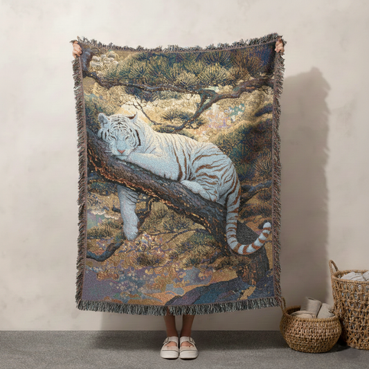 Majestic White Tiger Tapestry Home Decor Woven Blanket Throw, Oriental Asian Style Art Blanket, Tiger Lover Gift, Serene Wildlife Decor