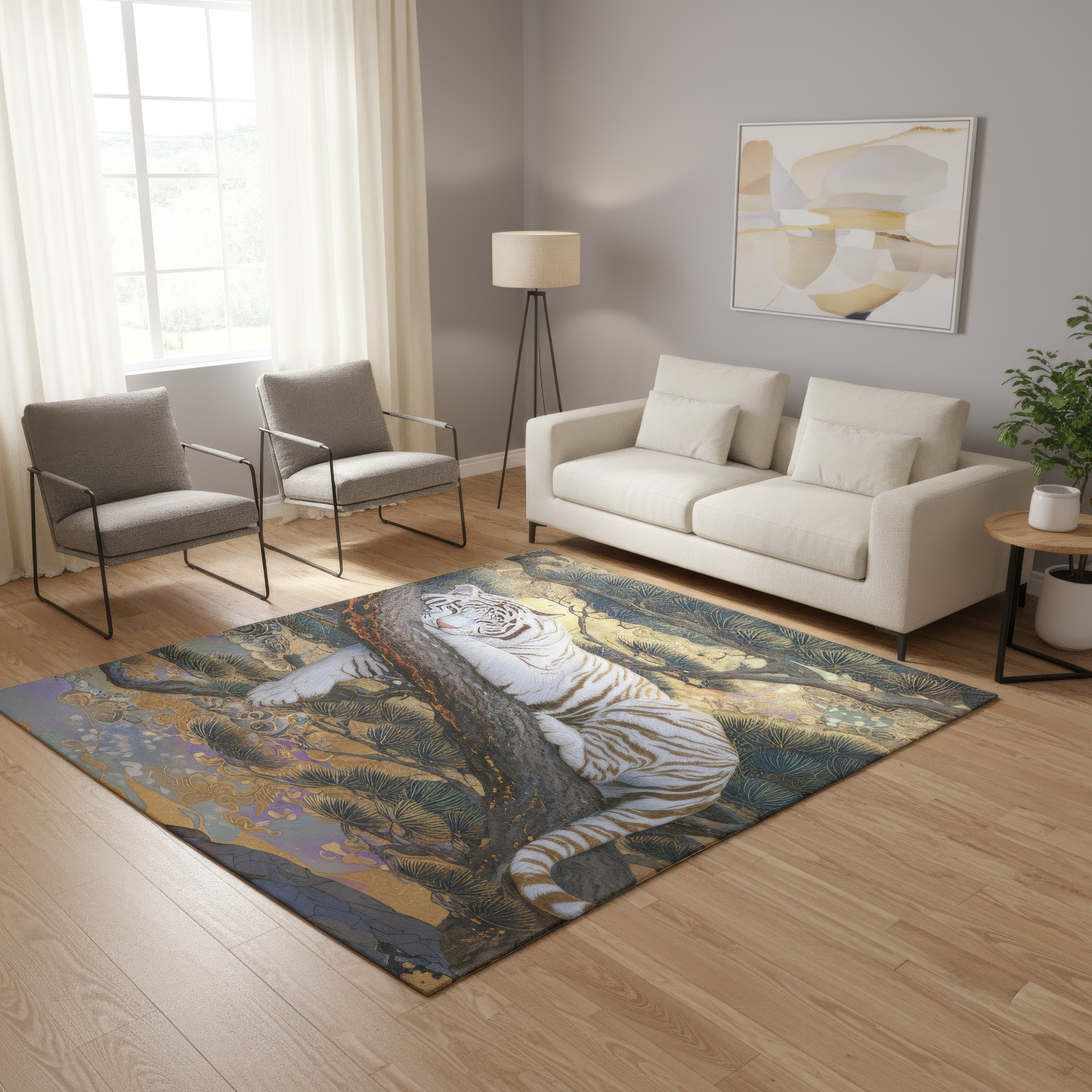 White Tiger Area Rug, Japanese Chinoiserie Decor Carpet, Asian Graphic Style Art, Ukiyo-e Inspired Animal Print, Spiritual Decor