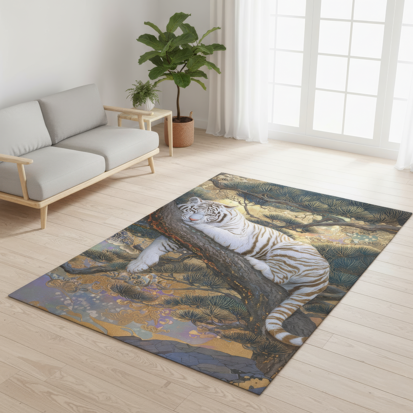 White Tiger Area Rug, Japanese Chinoiserie Decor Carpet, Asian Graphic Style Art, Ukiyo-e Inspired Animal Print, Spiritual Decor