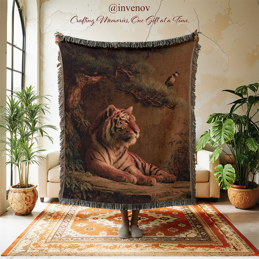 Tapestry with a tiger design in a room with plants and furniture.