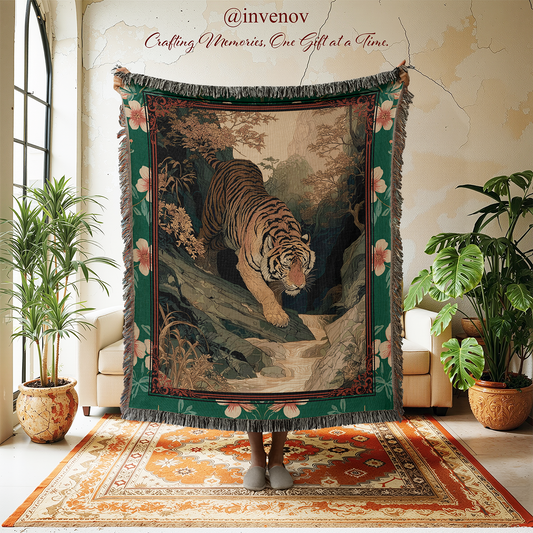 Tapestry with a tiger design  in a room with plants and furniture.