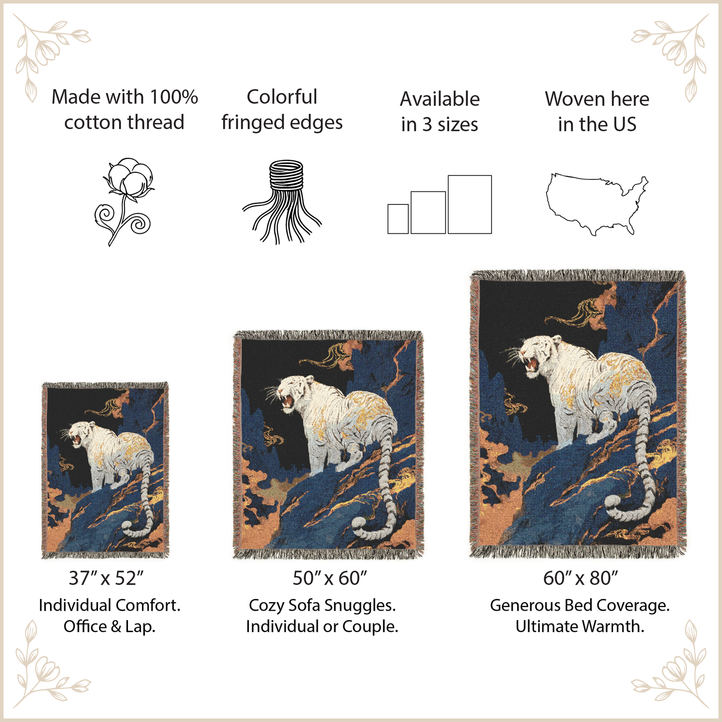Woven blanket with tiger graphic with size options and features