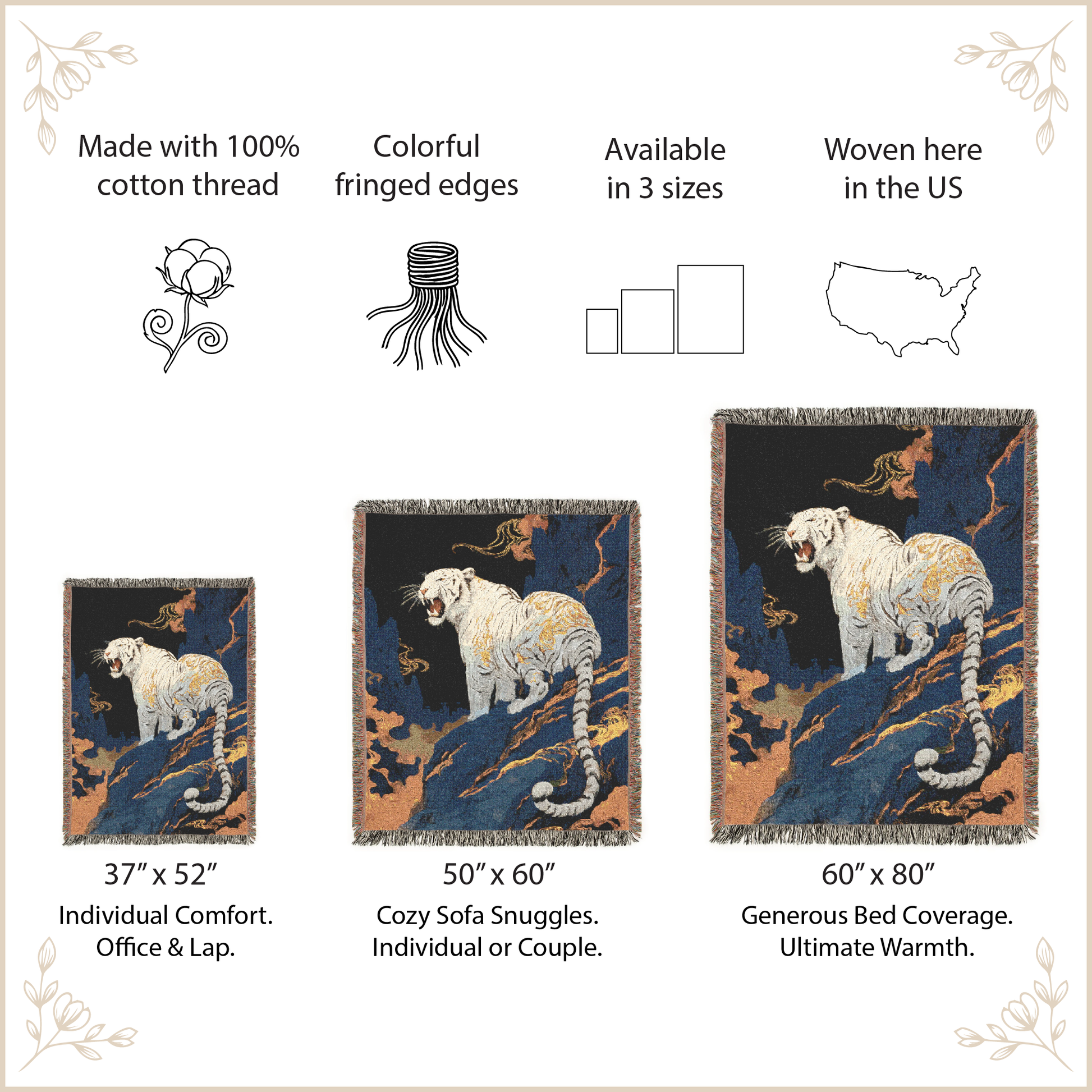 Woven blanket with tiger graphic with size options and features