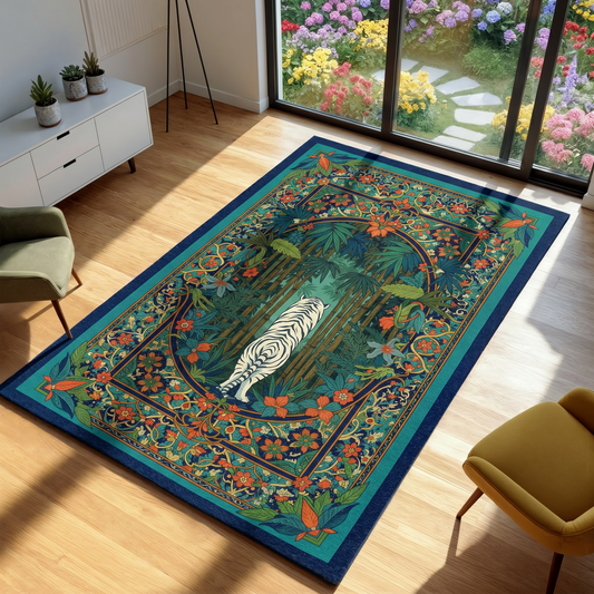 area rug with white tiger designs