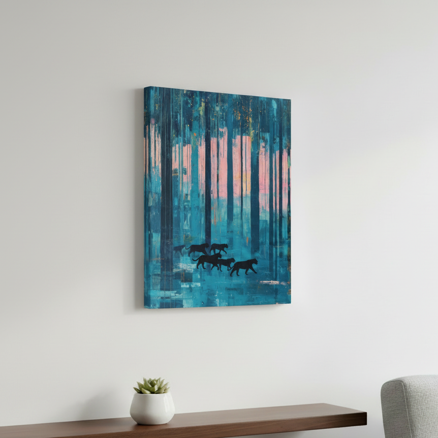 Abstract Blue Forest Tiger Canvas, Teal Pink Landscape Wall Art, Modern Wildlife Poster Print, Moody Maximalist Decor, Tiger Nature Print