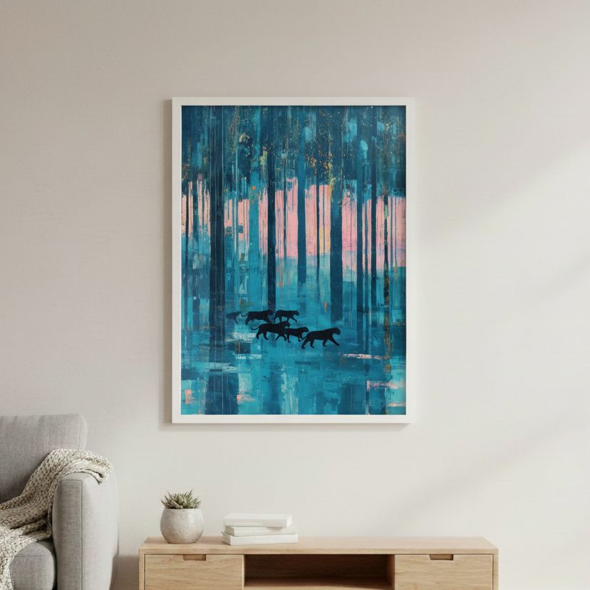Abstract Blue Forest Tiger Canvas, Teal Pink Landscape Wall Art, Modern Wildlife Poster Print, Moody Maximalist Decor, Tiger Nature Print