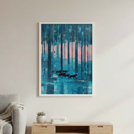 Abstract Blue Forest Tiger Canvas, Teal Pink Landscape Wall Art, Modern Wildlife Poster Print, Moody Maximalist Decor, Tiger Nature Print